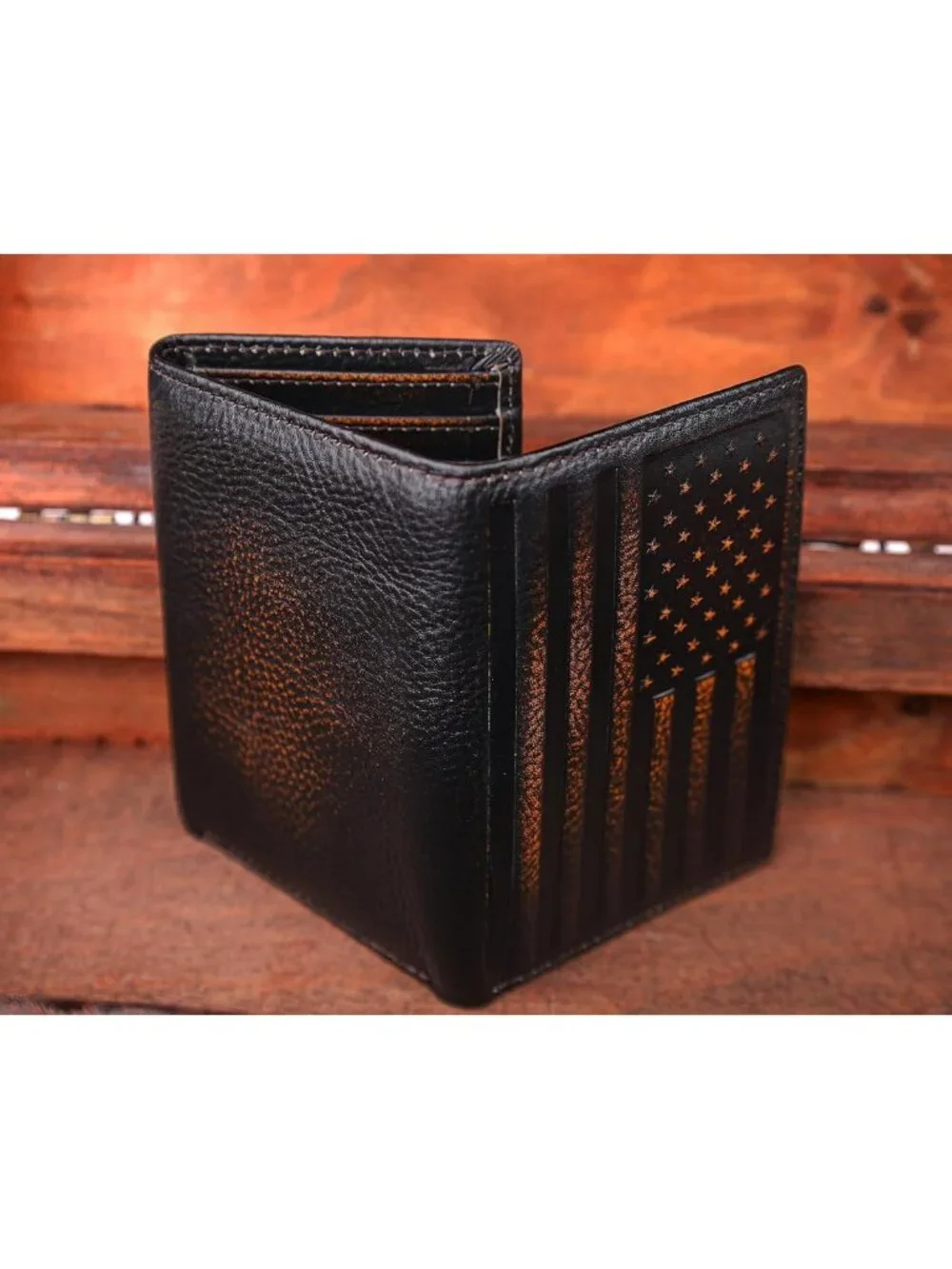 Men's American Flag Trifold Wallet - Full Grain Leather, RFID Blocking, Hand